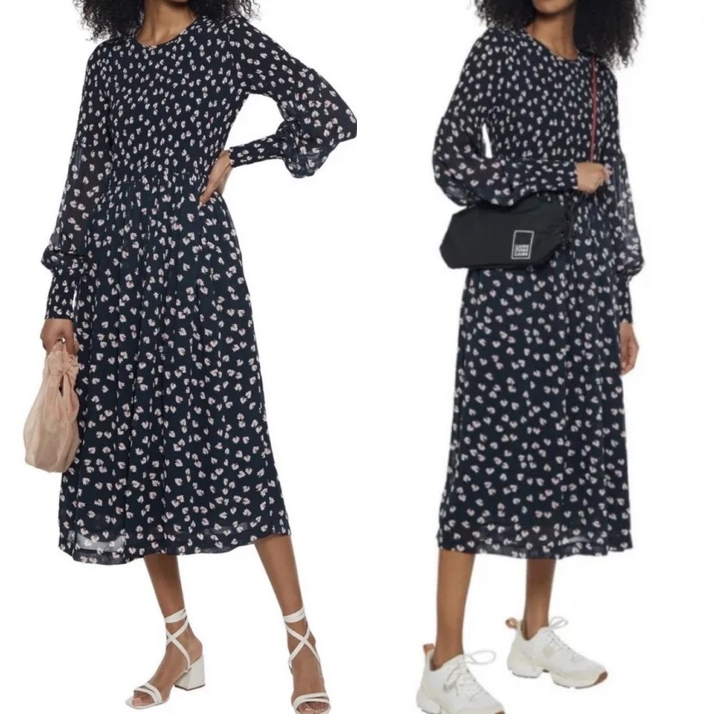 GANNI THE VIKKI SHIRRED FLORAL PRINT MIDI DRESS